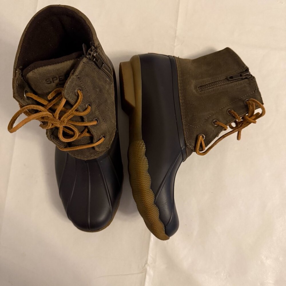Women's Saltwater Duck Boot in Brown and Olive by Sperry